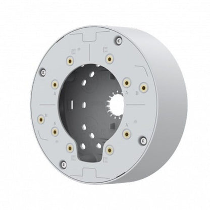 Witte Axis TP3603 ronde kabeldoos met montagegaten en interne kabelinvoeringen voor camera-installaties.