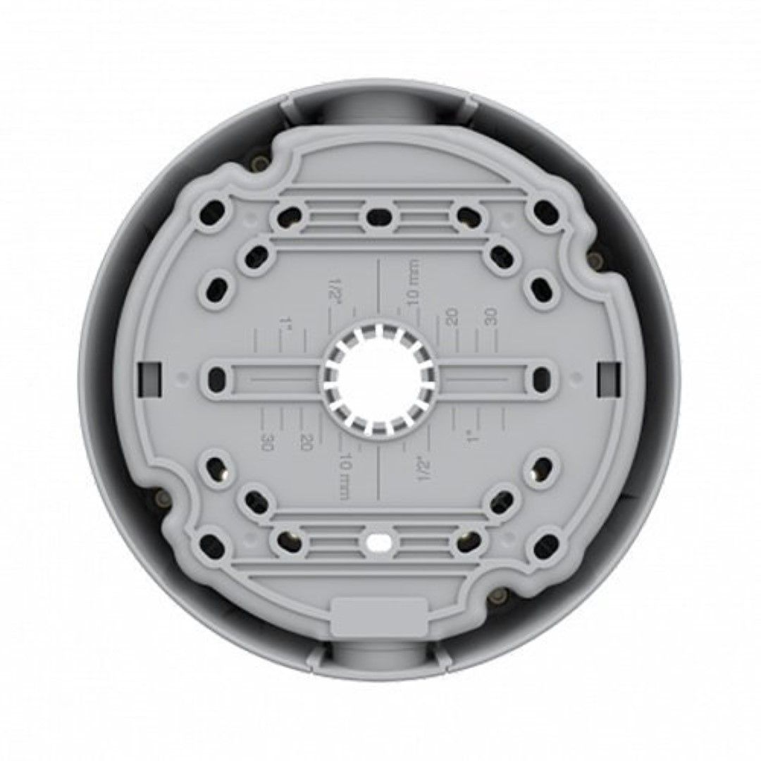 Grijze Axis TP3603 ronde kabeldoos met montageplaat, kabelinvoeringen en diverse schroefgaten voor installatie.