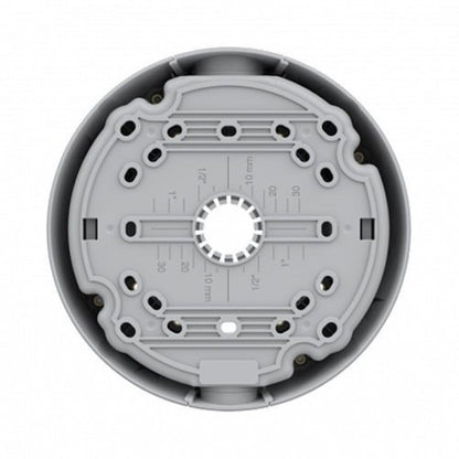 Grijze Axis TP3603 ronde kabeldoos met montageplaat, kabelinvoeringen en diverse schroefgaten voor installatie.