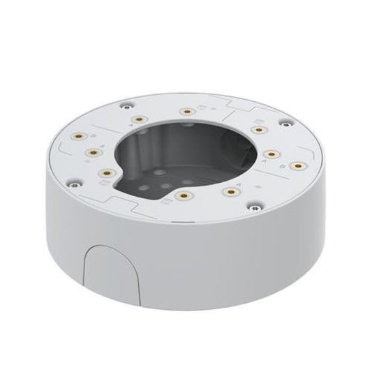 Witte ronde Axis TP3603 kabeldoos met schroefgaten en kabelinvoeren voor camera-installaties.