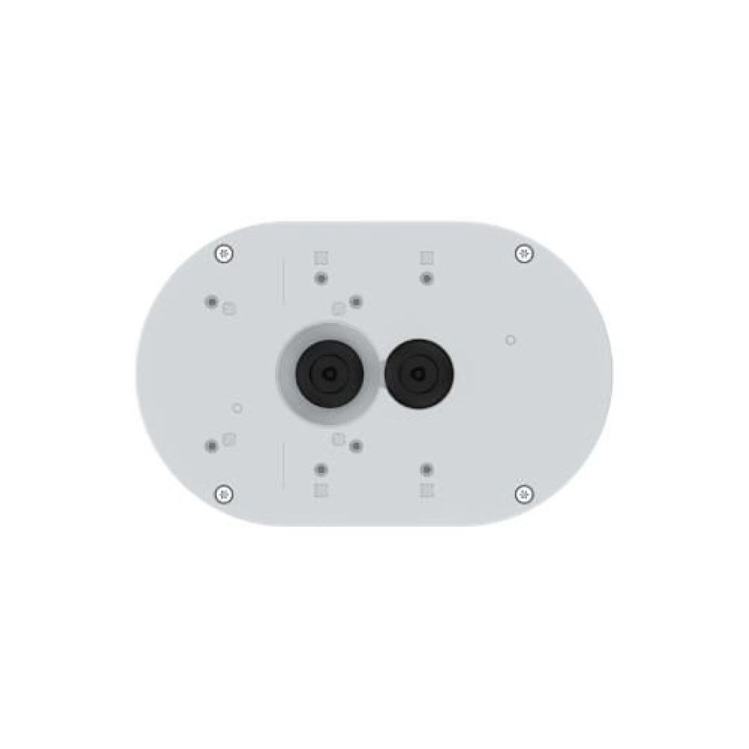 Witte Axis TP4601-E kabeldoos met ovale vorm, schroefbevestiging en twee centrale zwarte kabeldoorvoeren.