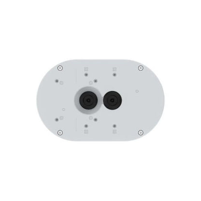 Witte Axis TP4601-E kabeldoos met ovale vorm, schroefbevestiging en twee centrale zwarte kabeldoorvoeren.