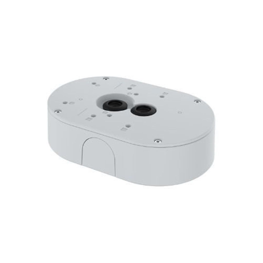 Witte Axis TP4601-E kabeldoos met ovale behuizing, kabelinterfaces en robuust ontwerp voor cameramontage.