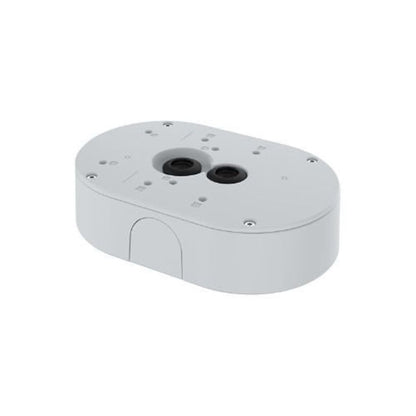 Witte Axis TP4601-E kabeldoos met ovale behuizing, kabelinterfaces en robuust ontwerp voor cameramontage.