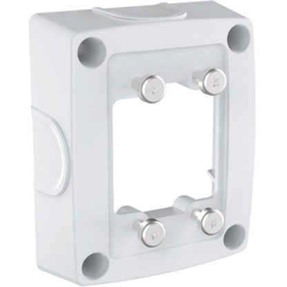 Witte Axis TQ1601-E aluminium kabeldoos met vier schroefbevestigingen en zijdelingse kabelinvoeringen voor wandmontage.