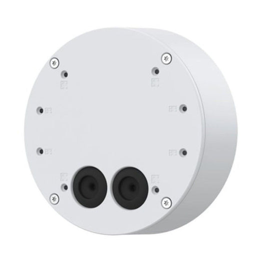 Witte, ronde Axis TQ1602-E kabeldoos met twee zwarte kabeldoorvoeren en montagepunten voor bulletcamera's.