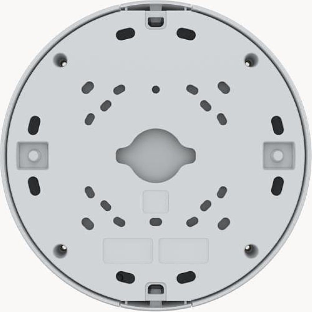 Witte, ronde Axis TQ3601-E kabeldoos met montagegaten voor grote netwerkcamera's en een slagvaste IK10 behuizing.