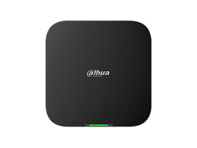 Zwarte Dahua AirShield Hub 2 alarmsysteem centrale met strak vierkant design en groen statuslampje.