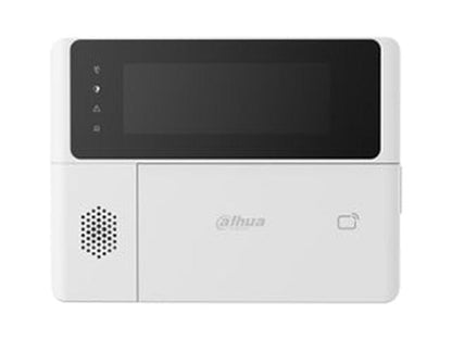 Wit Dahua AirShield touchscreen bedienpaneel met geïntegreerde kaartlezer en luidspreker voor draadloze beveiliging.
