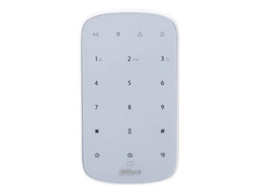 Wit Dahua ARK30T-W2 draadloos touchscreen bedienpaneel met numeriek toetsenbord voor AirShield alarmsystemen.