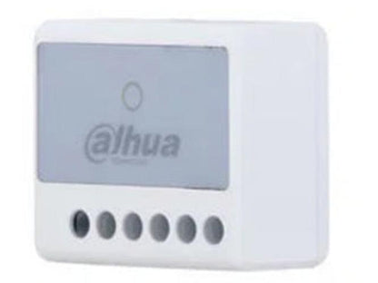 Witte Dahua AirShield draadloze dual-relay wandschakelaar met zes aansluitpunten voor slim vermogensbeheer.