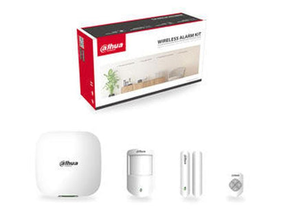 Dahua draadloze alarm starterskit met witte Hub 2, bewegingsmelder, deurcontact en afstandsbediening in doos.