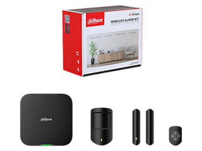 Dahua ART-ARC3800H-03-FW2 zwarte draadloze alarm starterskit met Hub 2, bewegingsmelder, deurcontact en afstandsbediening.