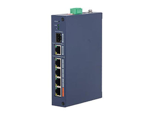 Blauwe Dahua 5-poorts PoE switch met vier PoE-poorten en één Gigabit uplink voor IP-camera's.