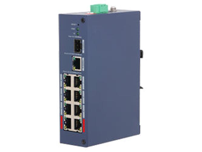 Blauwe Dahua 8-poorts PoE switch met Gigabit uplink en compact metalen design voor IP-camera's.