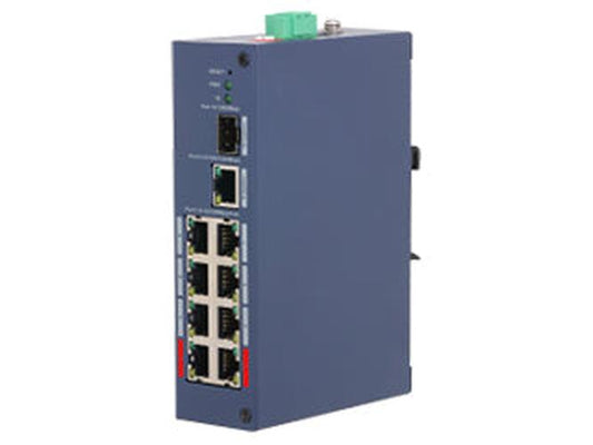 Blauwe Dahua 8-poorts PoE switch met Gigabit uplink en compact metalen design voor IP-camera's.