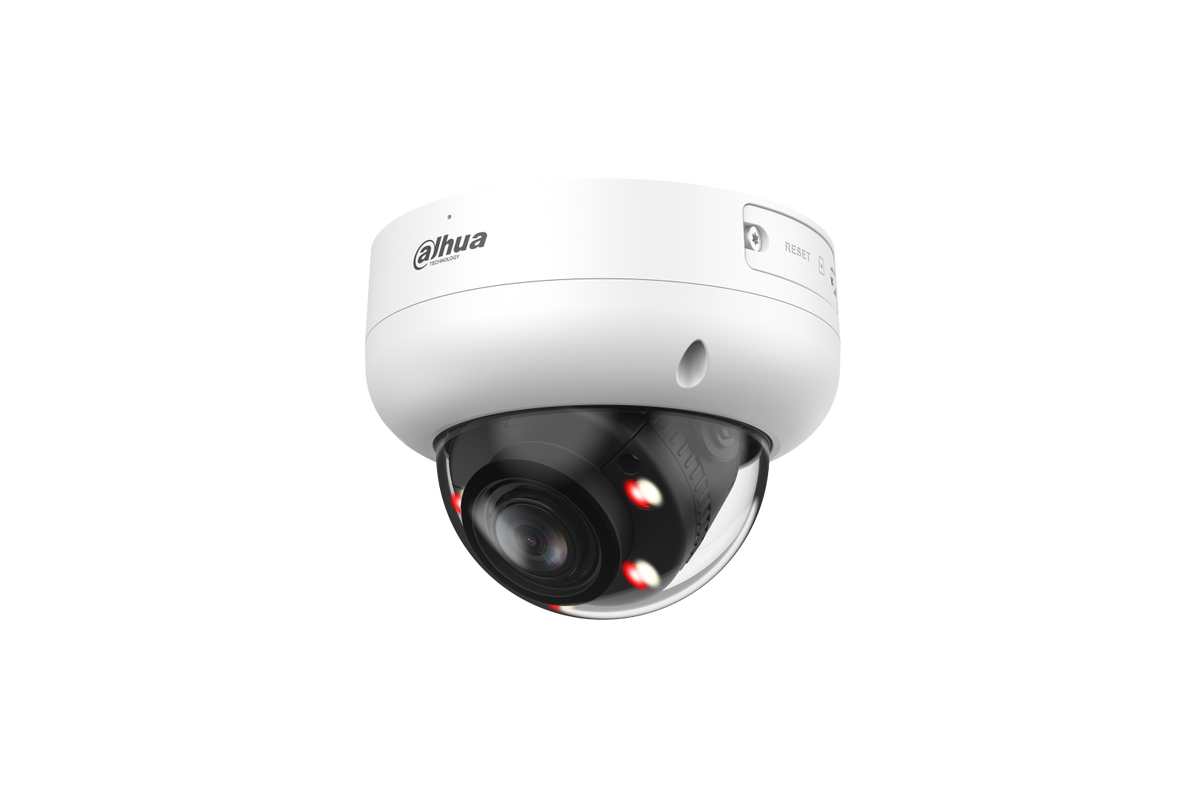 Witte Dahua 4MP WizSense mini dome camera met varifocale lens en Smart Dual Light voor buitenbeveiliging.