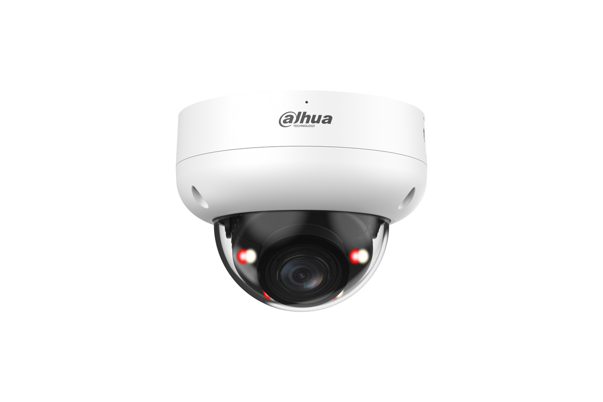 Witte Dahua 6MP WizSense mini dome camera met varifocale lens en actieve rood-blauwe alarmverlichting.