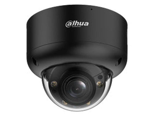 Zwarte Dahua 8MP 4K WizMind TiOC PRO dome beveiligingscamera met varifocale lens en AI-technologie.