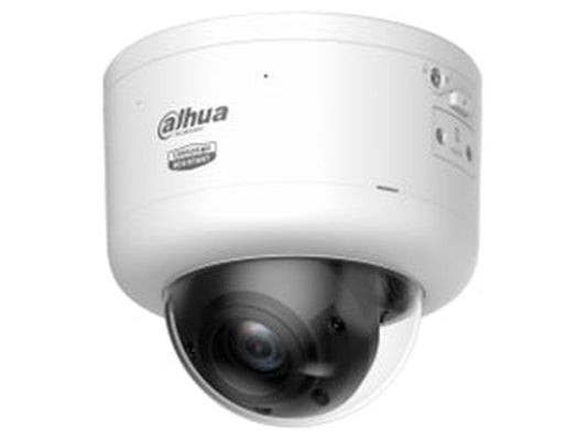 Witte Dahua 4MP WizSense TiOC PRO dome beveiligingscamera met varifocale lens en AI-technologie.