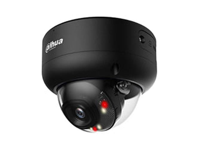 Zwarte Dahua 8MP 4K WizMind TiOC PRO dome camera met varifocale lens en rood-blauw waarschuwingslicht.