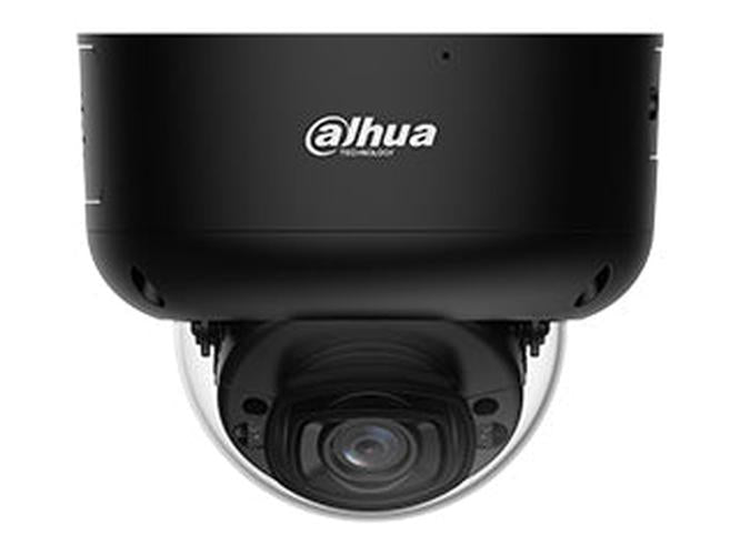 Zwarte Dahua WizMind 8MP TiOC PRO dome beveiligingscamera met 2.8mm lens en IK10 vandaalbestendige behuizing.