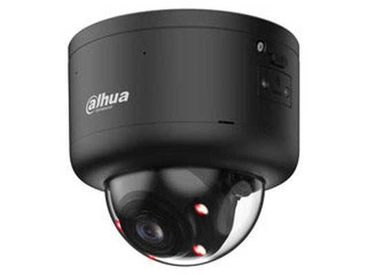 Zwarte Dahua 8MP 4K WizMind TiOC PRO dome camera met robuuste NEMA4X behuizing en varifocale lens.