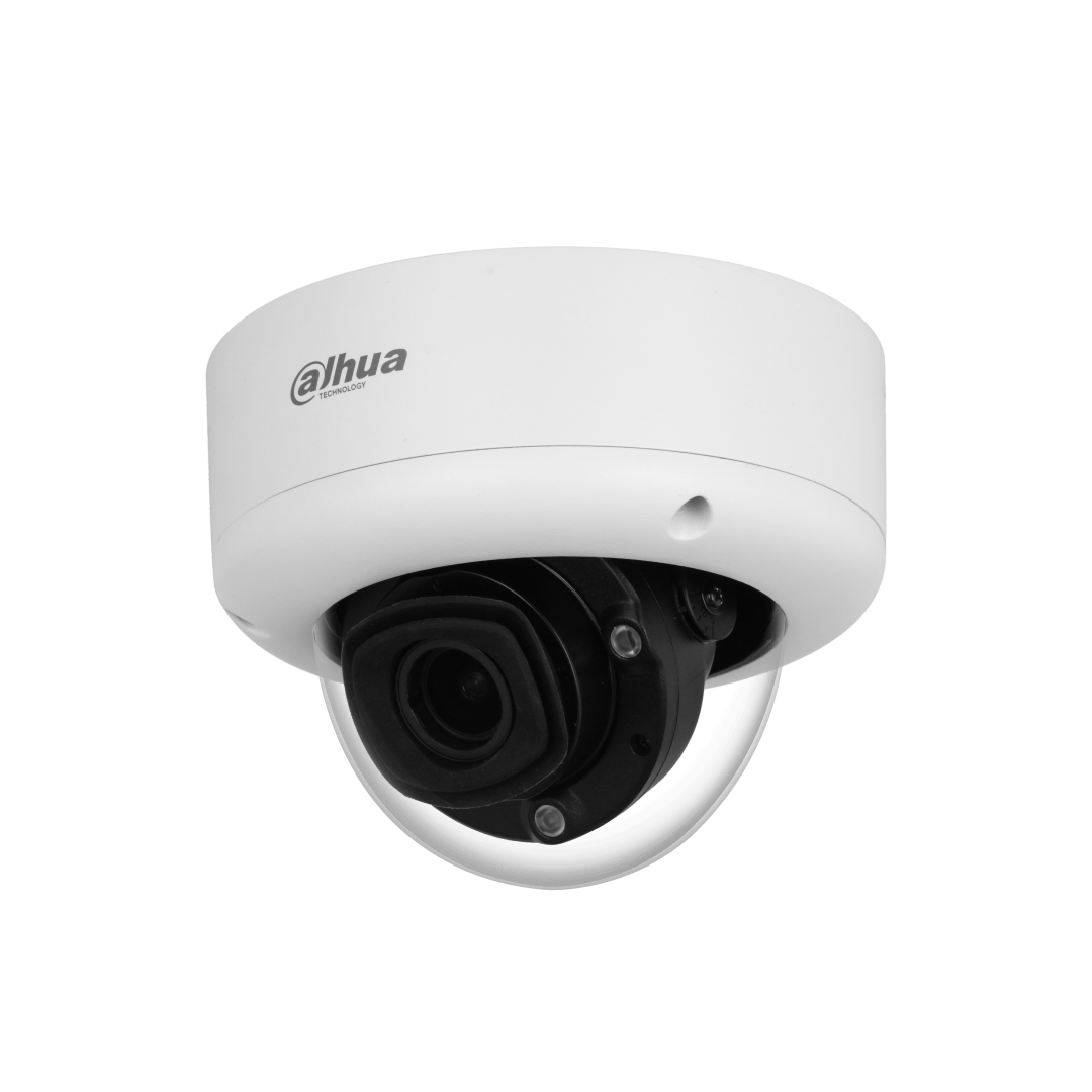 Witte Dahua WizMind X dome camera met varifocale lens, robuuste IP67 behuizing en zwart cameragedeelte.