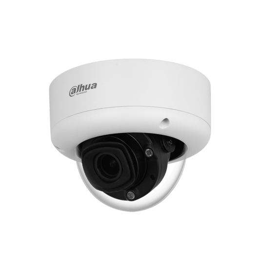 Witte Dahua WizMind X dome camera met varifocale lens, robuuste IP67 behuizing en zwart cameragedeelte.
