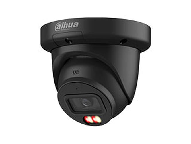 Zwarte Dahua WizSense eyeball beveiligingscamera met Smart Dual Light en 2.8mm lens voor buiten.
