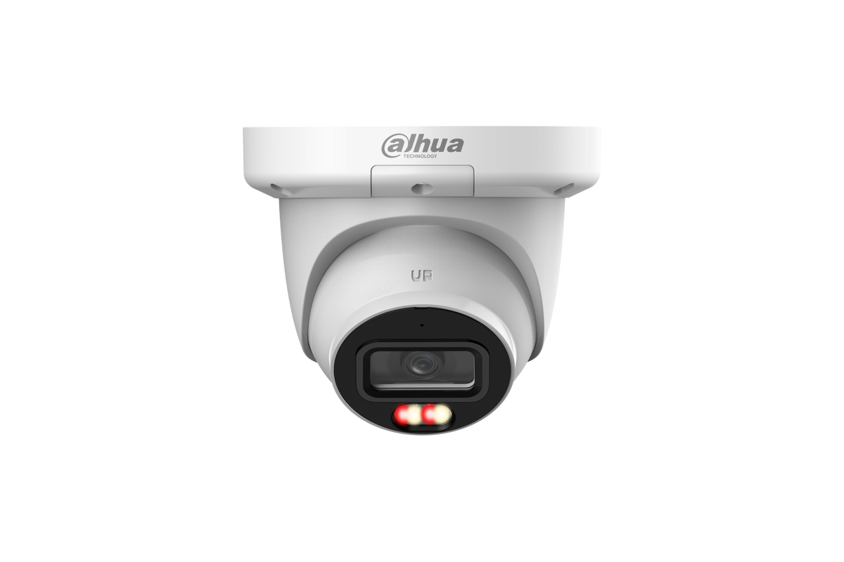 Witte Dahua 4MP WizSense eyeball beveiligingscamera met Smart Dual Light en 3.6mm lens voor buiten.