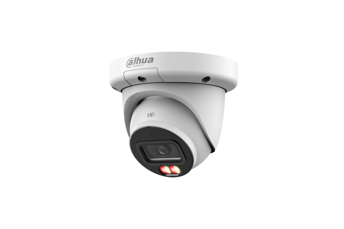 Witte Dahua 4MP WizSense eyeball beveiligingscamera met Smart Dual Light en 3.6mm lens voor buiten.