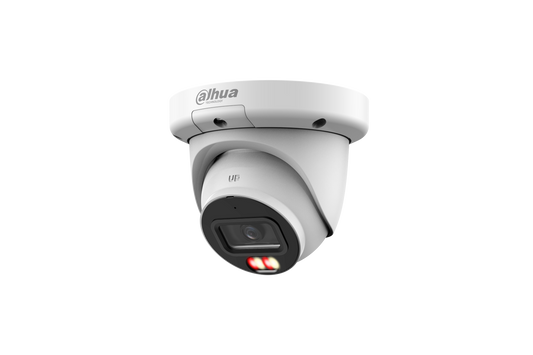 Witte Dahua 4MP WizSense eyeball beveiligingscamera met Smart Dual Light en 3.6mm lens voor buiten.