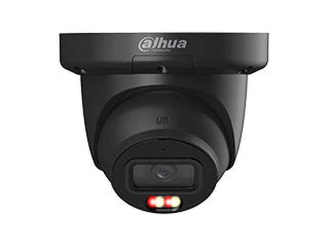 Zwarte Dahua 4MP WizSense eyeball beveiligingscamera met Smart Dual Light en 2.8mm lens voor buiten.