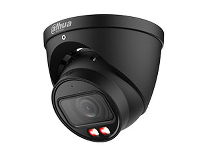 Zwarte Dahua 6MP WizSense eyeball beveiligingscamera met motorized lens en Smart Dual Light voor buiten.