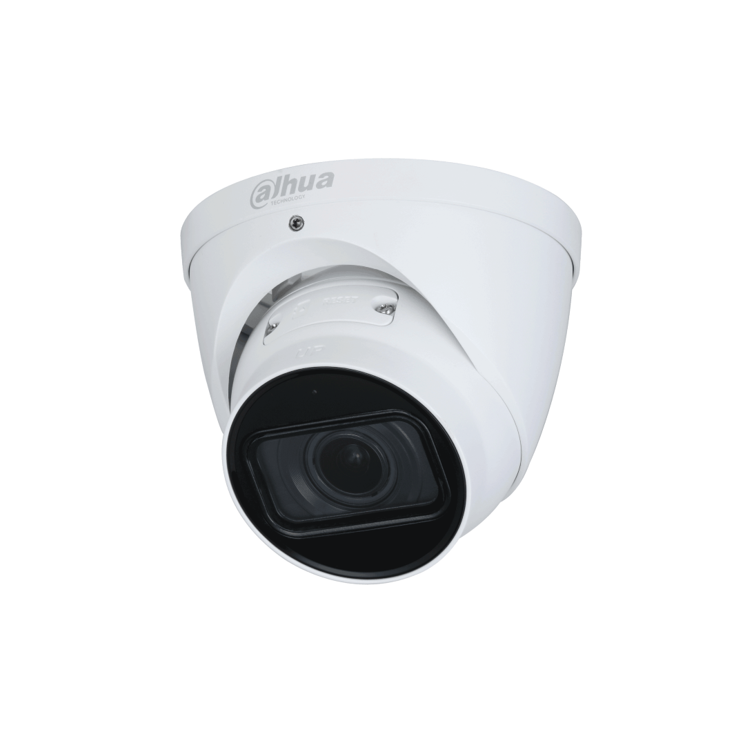 Witte Dahua WizMind 2MP eyeball beveiligingscamera met motorized lens en starlight-technologie.