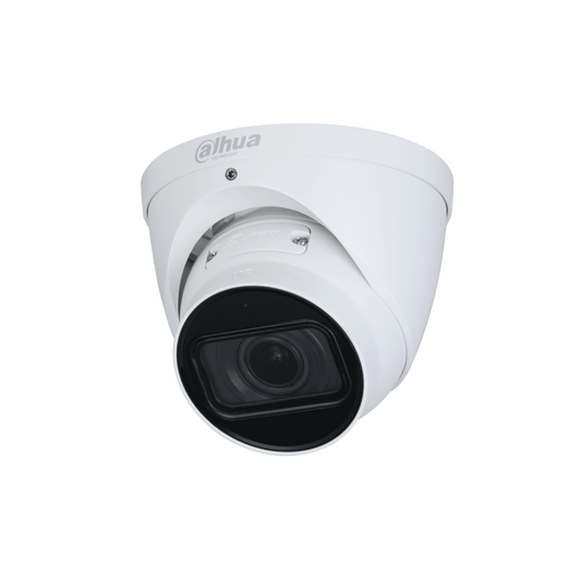 Witte Dahua WizMind 2MP eyeball beveiligingscamera met motorized lens en starlight-technologie.