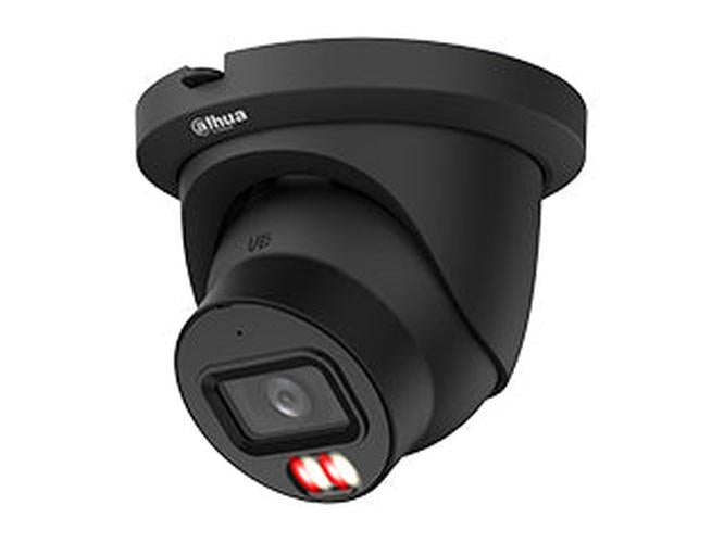 Zwarte Dahua 8MP WizMind eyeball beveiligingscamera met 2.8mm lens en Smart Dual Light technologie.