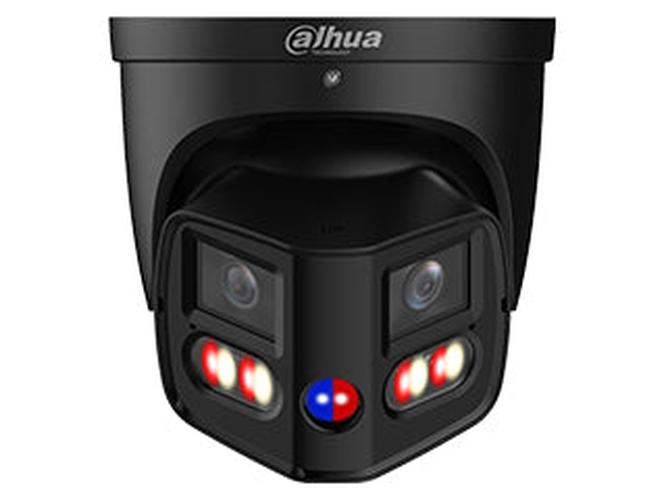 Zwarte Dahua 8MP WizMind panorama dome camera met 180° lens, full-color nachtzicht en rood-blauw waarschuwingslicht.