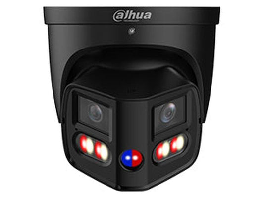 Zwarte Dahua 8MP WizMind panorama dome camera met 180° lens, full-color nachtzicht en rood-blauw waarschuwingslicht.