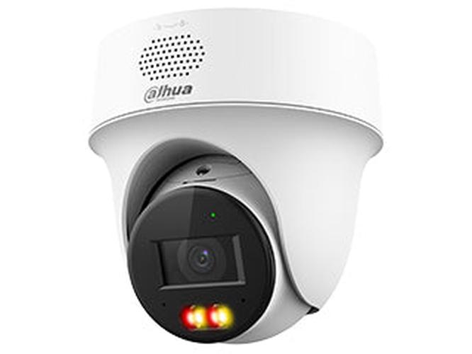 Witte Dahua 4MP turret beveiligingscamera met 2.8mm lens, warm wit licht en robuuste IP66 behuizing.