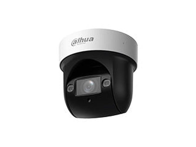 Witte Dahua 2MP mini PTZ dome camera met zwarte lensbehuizing en compact design voor buitenbeveiliging.