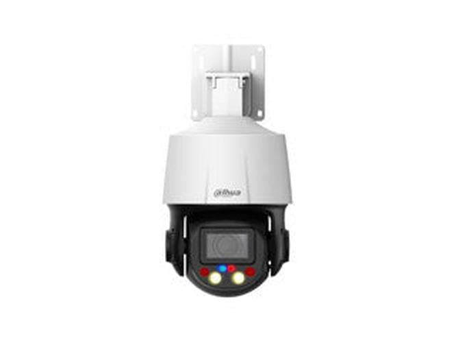 Witte Dahua 5MP mini PTZ dome camera met actieve afschrikking, 5x zoom en Smart Dual Light voor buitenbeveiliging.