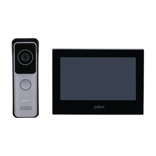 Dahua WiFi video intercom kit met slanke lichtgrijze buitenpost en zwarte 7-inch touchscreen binnenmonitor.