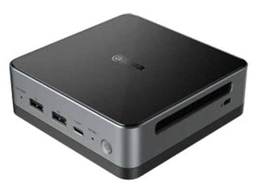 Compacte zwarte Dahua DSS OneBox H1 VMS workstation met glazen bovenkant en aluminium behuizing.
