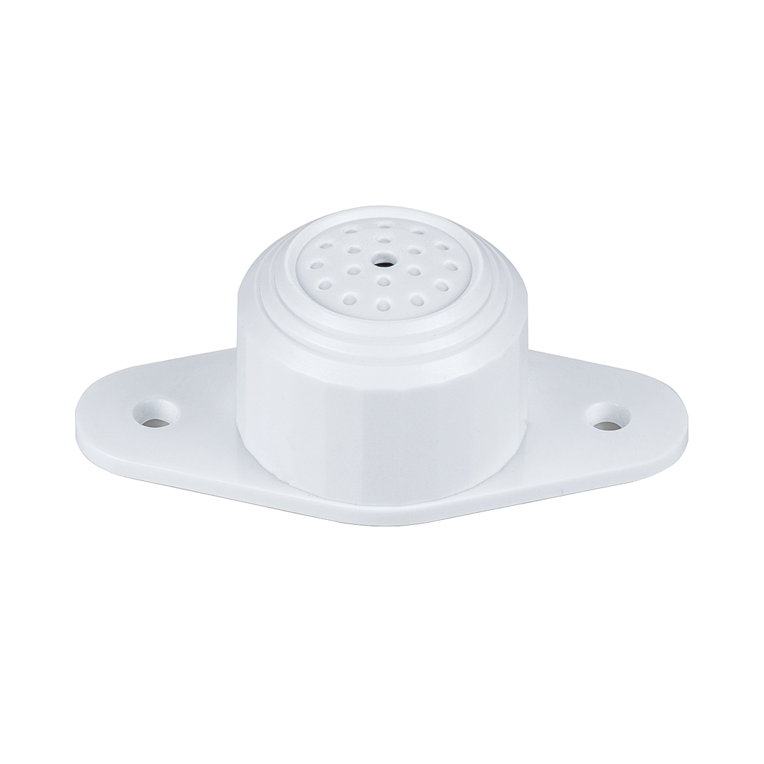 Witte Dahua HAP100 pinhole microfoon met ronde behuizing en montageplaat voor discrete beveiligingsinstallaties.