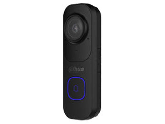 Zwarte Dahua IPC-DB41AB slimme 4MP Wi-Fi videodeurbel met blauw verlichte drukknop en compact design.