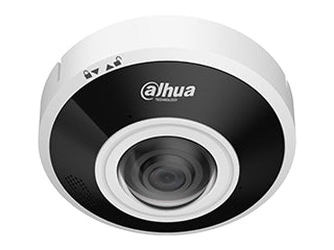 Witte Dahua 6MP WizMind fisheye beveiligingscamera met 360° lens en zwart frontpaneel voor plafondmontage.