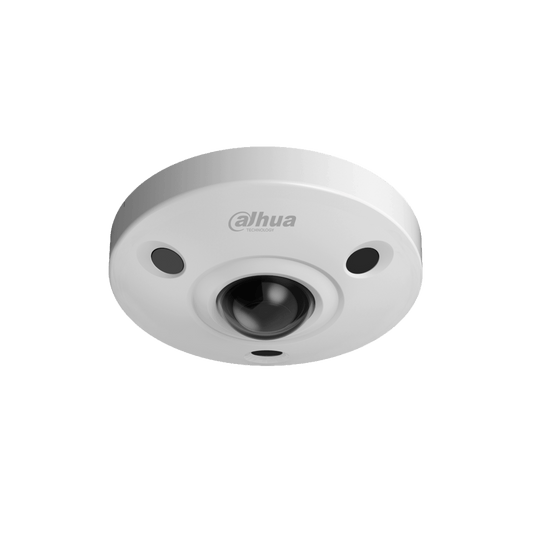 Witte Dahua 12MP AI fisheye beveiligingscamera met 360 graden lens en IR-sensoren voor plafondmontage.