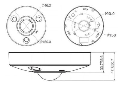 Technische lijntekening van de Dahua 8MP fisheye camera met afmetingen in mm voor montage en installatie.